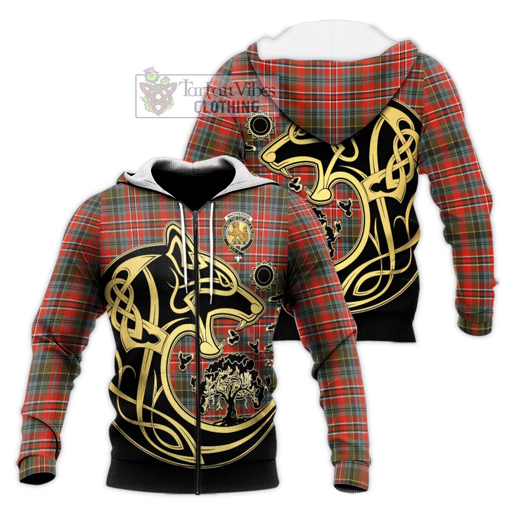 Tartan Vibes Clothing MacPherson Weathered Tartan Knitted Hoodie with Family Crest Celtic Wolf Style