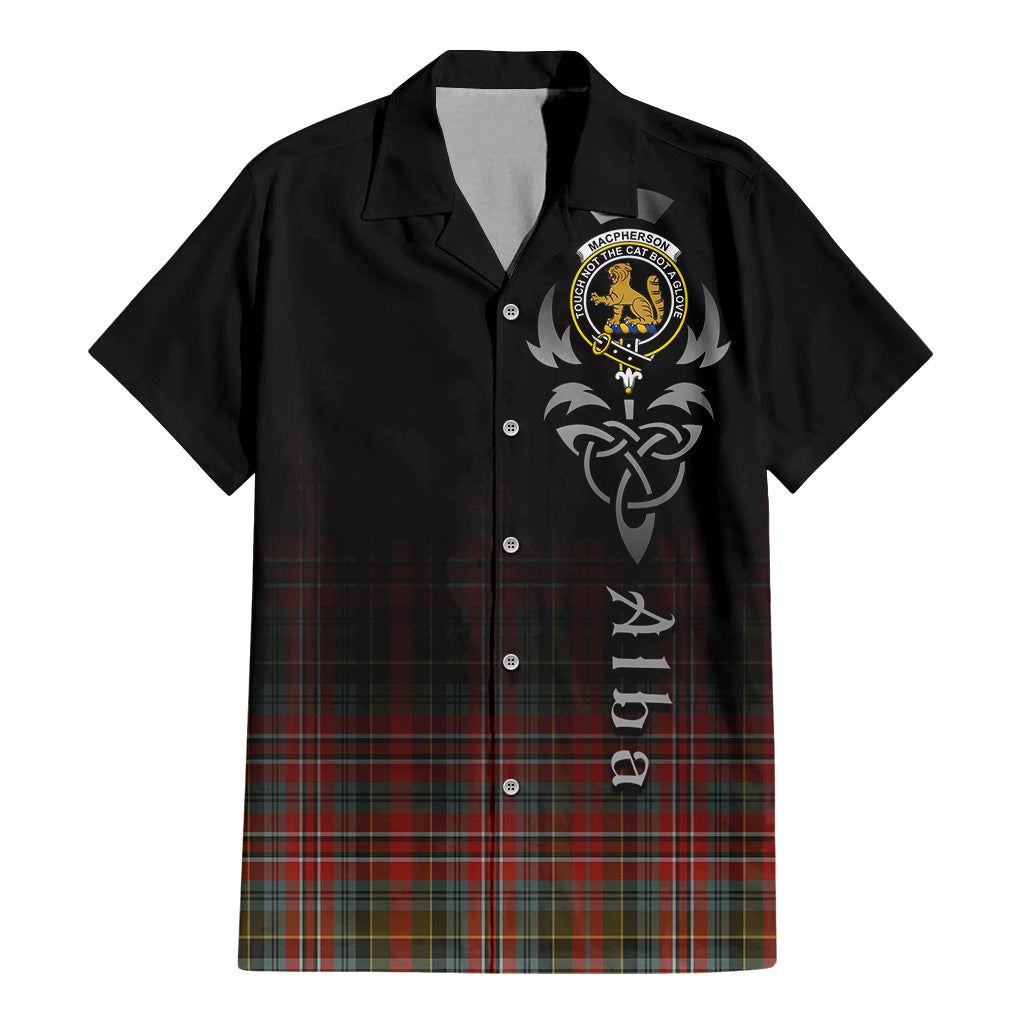 Tartan Vibes Clothing MacPherson Weathered Tartan Short Sleeve Button Up Featuring Alba Gu Brath Family Crest Celtic Inspired