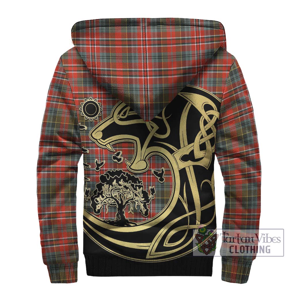 Tartan Vibes Clothing MacPherson Weathered Tartan Sherpa Hoodie with Family Crest Celtic Wolf Style