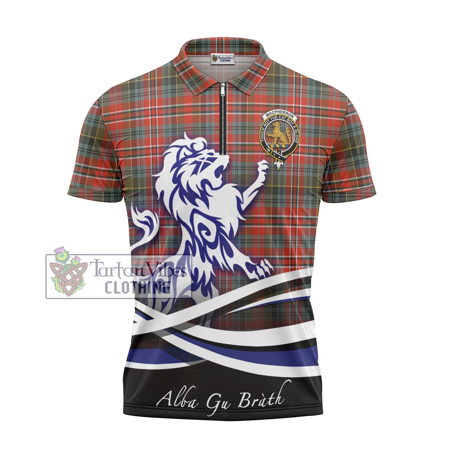 Tartan Vibes Clothing MacPherson Weathered Tartan Zipper Polo Shirt with Alba Gu Brath Regal Lion Emblem