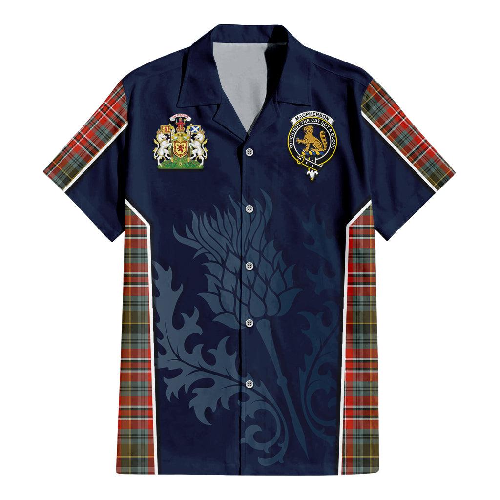 Tartan Vibes Clothing MacPherson Weathered Tartan Short Sleeve Button Up Shirt with Family Crest and Scottish Thistle Vibes Sport Style
