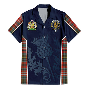 MacPherson Weathered Tartan Short Sleeve Button Up Shirt with Family Crest and Scottish Thistle Vibes Sport Style