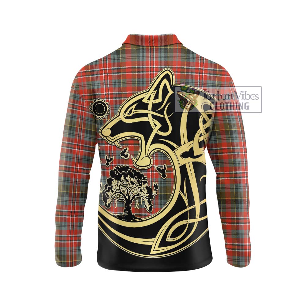 Tartan Vibes Clothing MacPherson Weathered Tartan Long Sleeve Polo Shirt with Family Crest Celtic Wolf Style