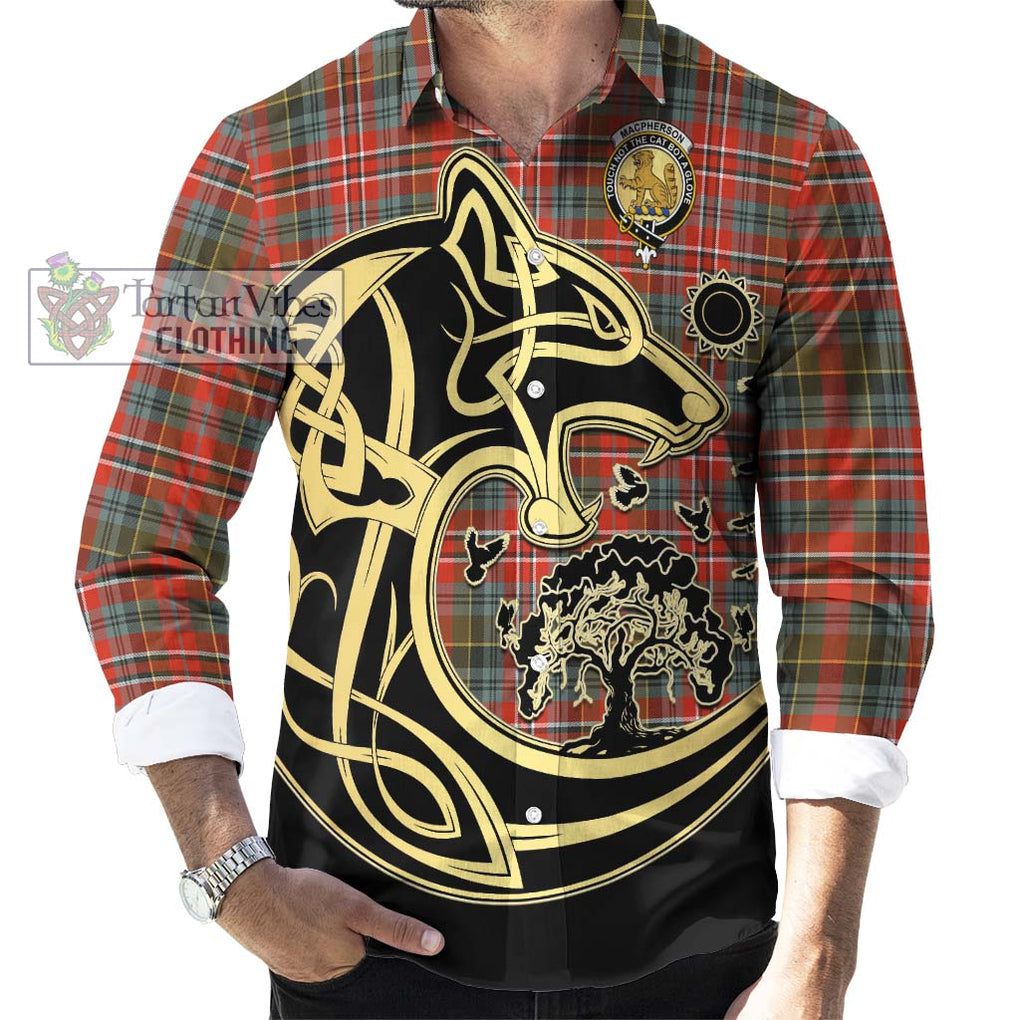 MacPherson Weathered Tartan Long Sleeve Button Shirt with Family Crest Celtic Wolf Style - Tartan Vibes Clothing