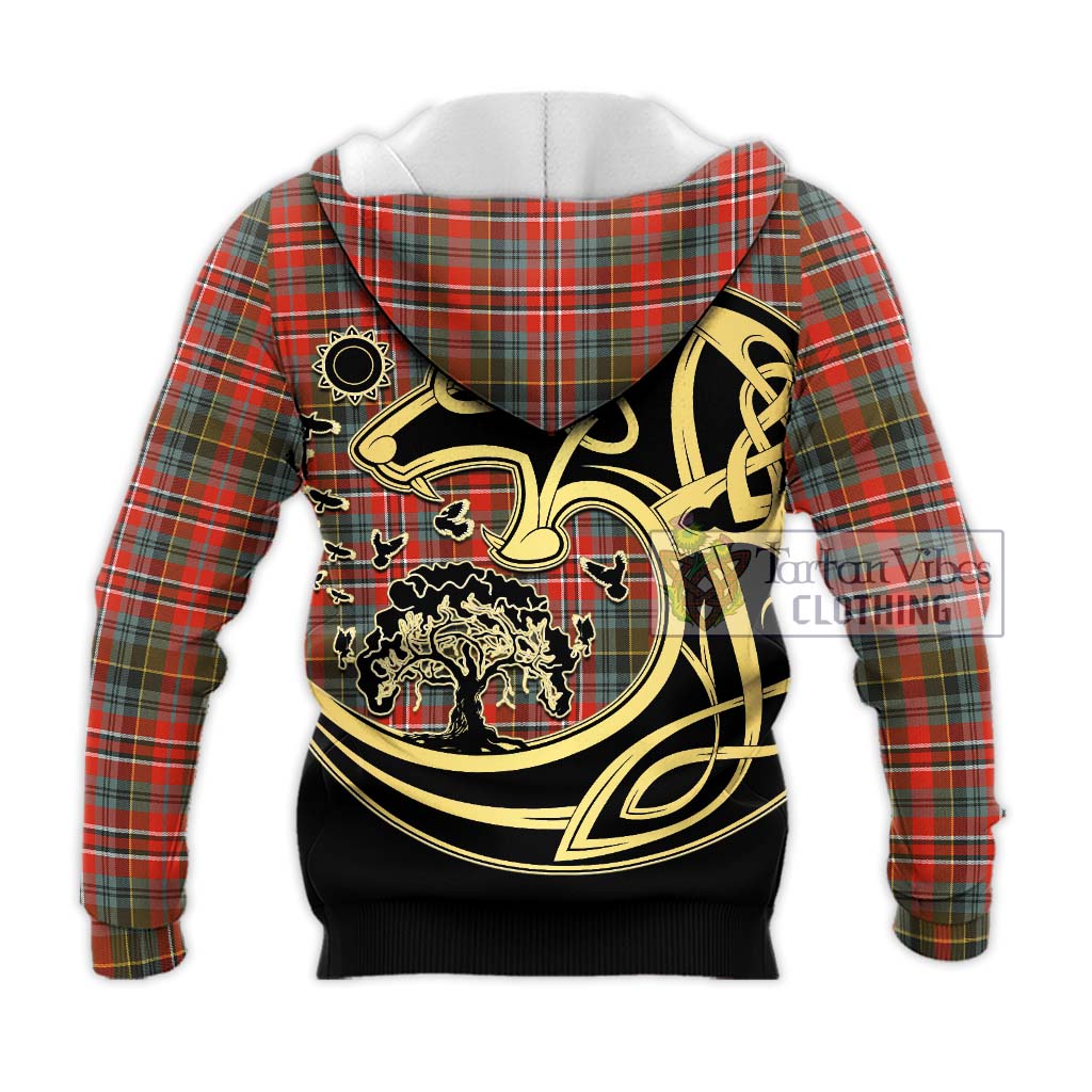Tartan Vibes Clothing MacPherson Weathered Tartan Knitted Hoodie with Family Crest Celtic Wolf Style