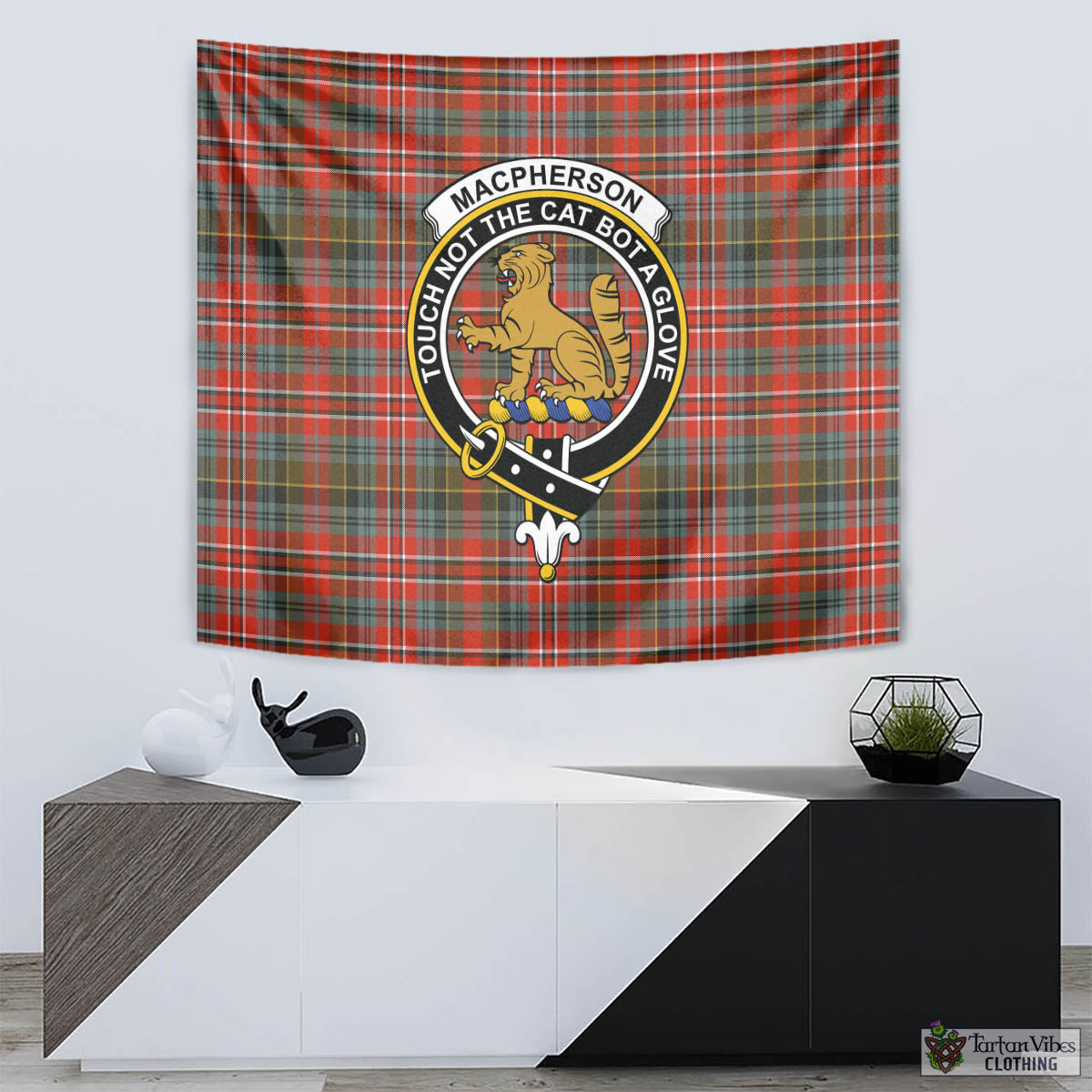 Tartan Vibes Clothing MacPherson Weathered Tartan Tapestry Wall Hanging and Home Decor for Room with Family Crest