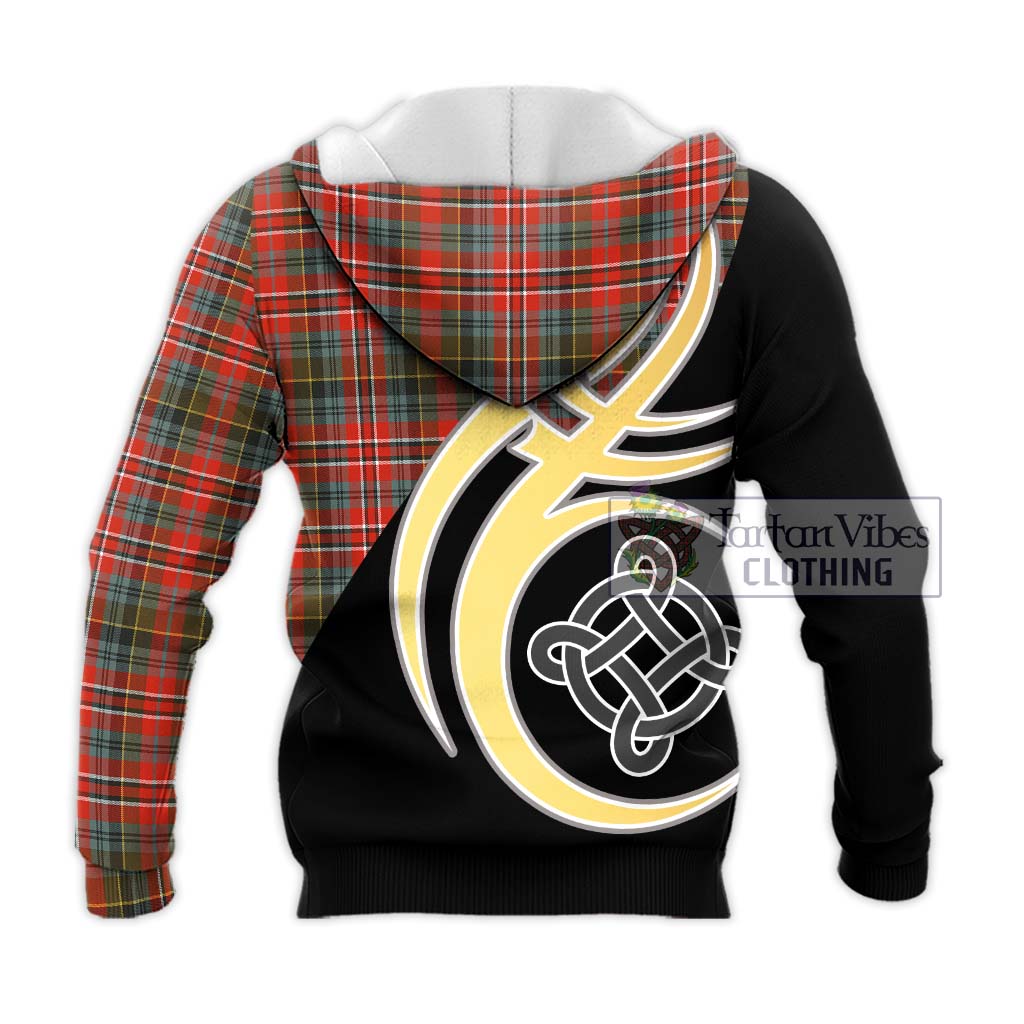 Tartan Vibes Clothing MacPherson Weathered Tartan Knitted Hoodie with Family Crest and Celtic Symbol Style
