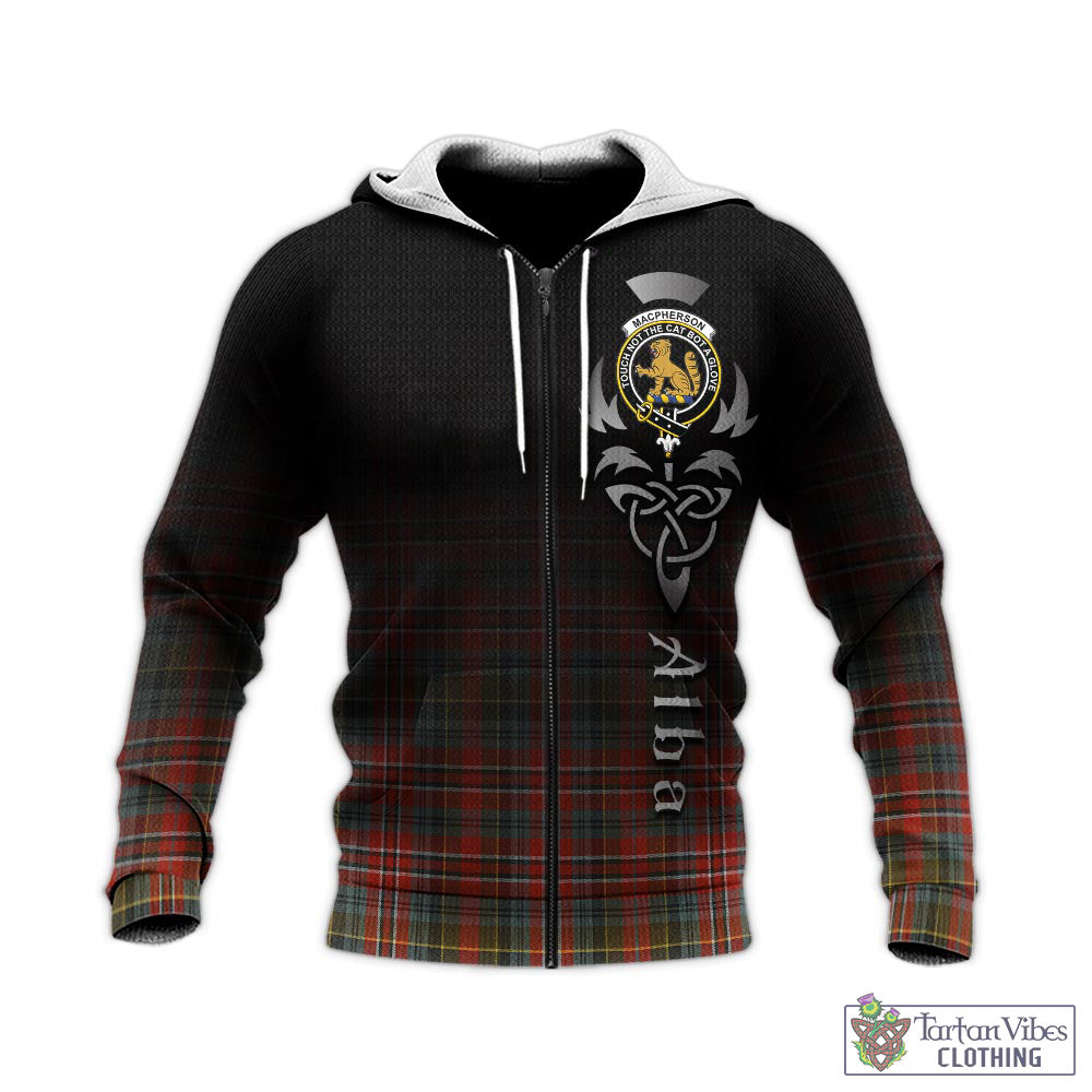 Tartan Vibes Clothing MacPherson Weathered Tartan Knitted Hoodie Featuring Alba Gu Brath Family Crest Celtic Inspired