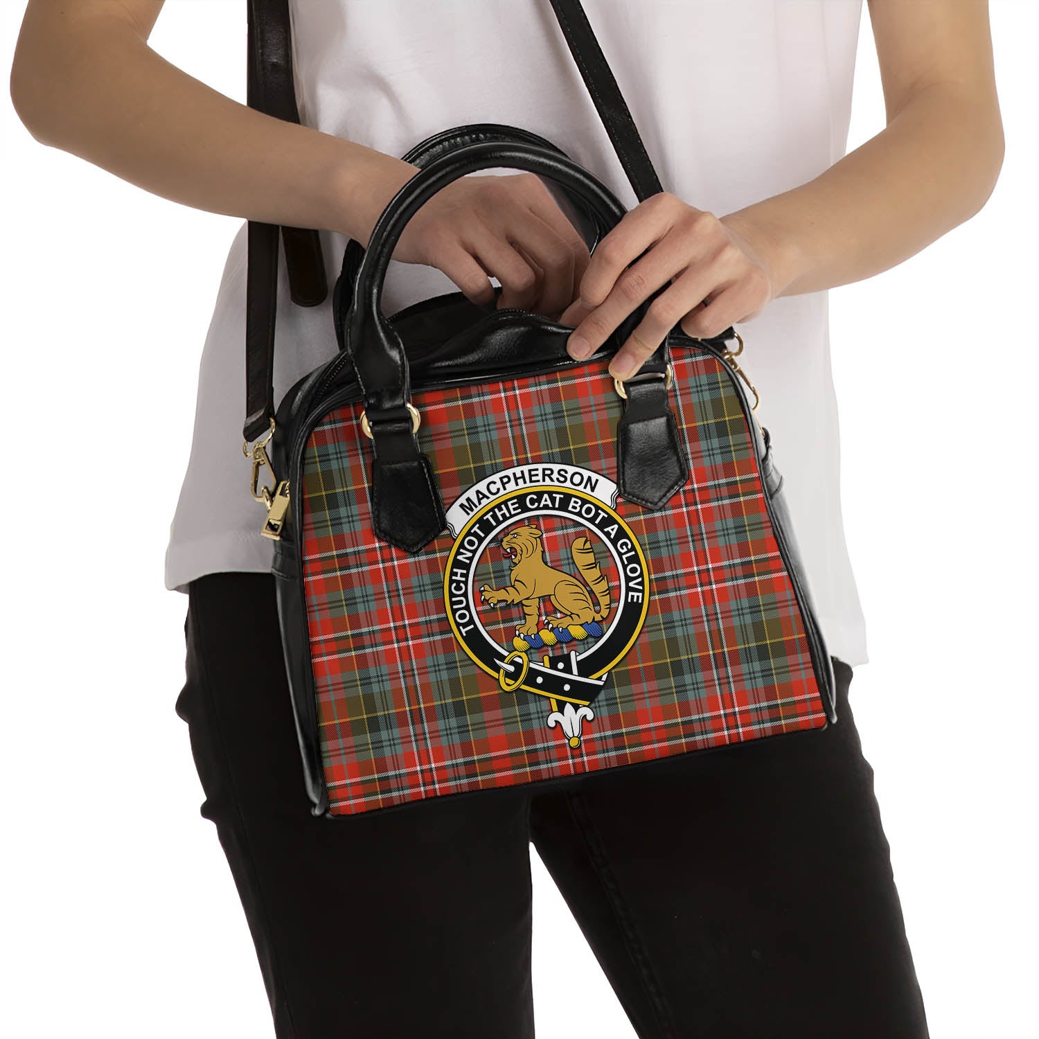 MacPherson Weathered Tartan Shoulder Handbags with Family Crest - Tartanvibesclothing