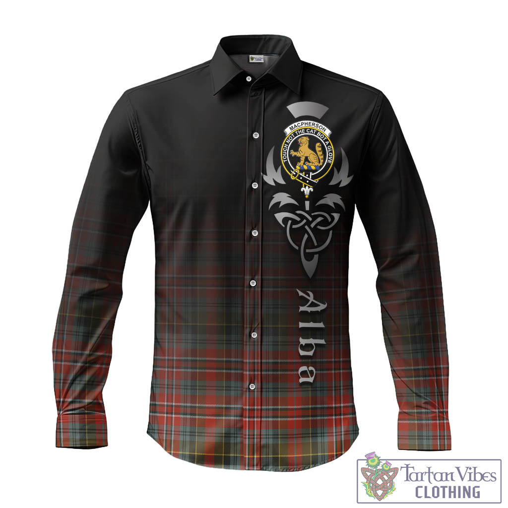 Tartan Vibes Clothing MacPherson Weathered Tartan Long Sleeve Button Up Featuring Alba Gu Brath Family Crest Celtic Inspired