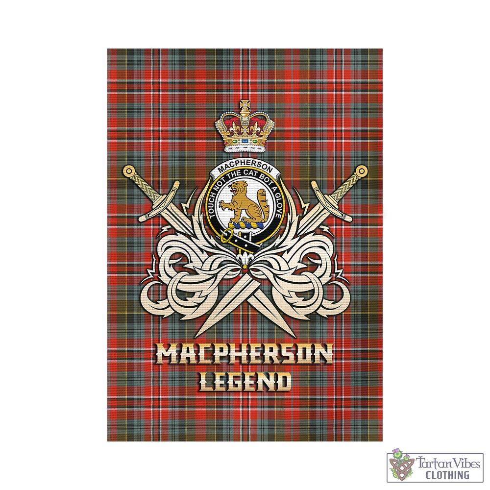 Tartan Vibes Clothing MacPherson Weathered Tartan Flag with Clan Crest and the Golden Sword of Courageous Legacy