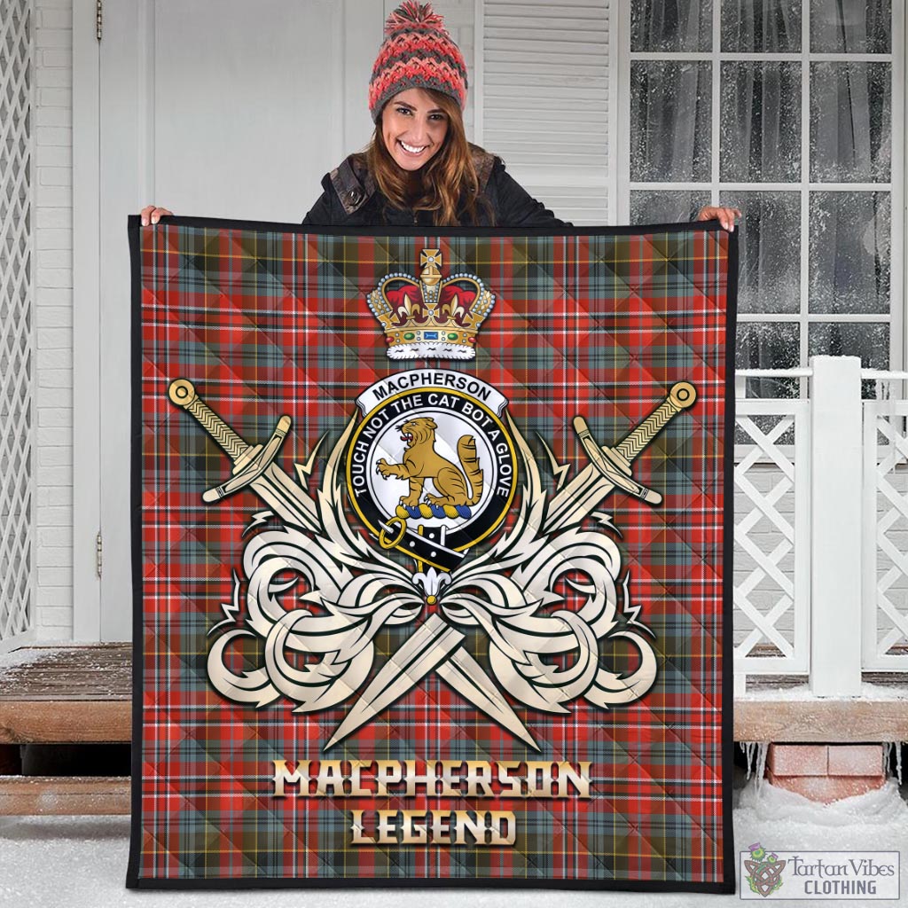 Tartan Vibes Clothing MacPherson Weathered Tartan Quilt with Clan Crest and the Golden Sword of Courageous Legacy