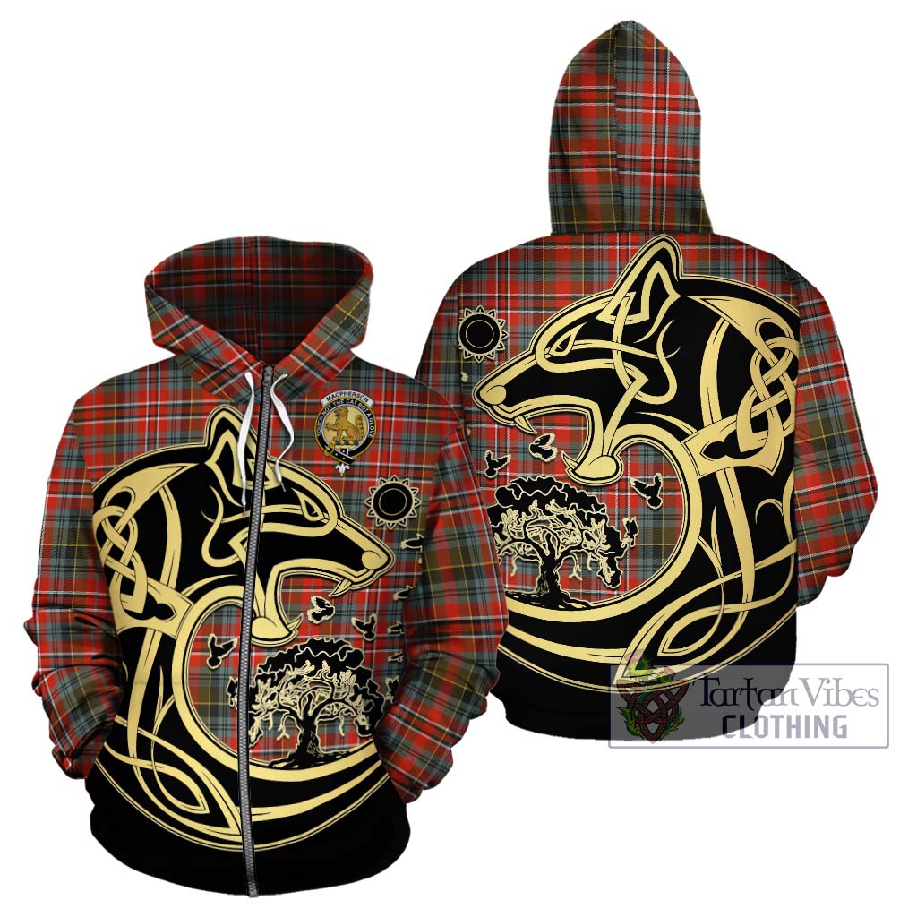 Tartan Vibes Clothing MacPherson Weathered Tartan Hoodie with Family Crest Celtic Wolf Style