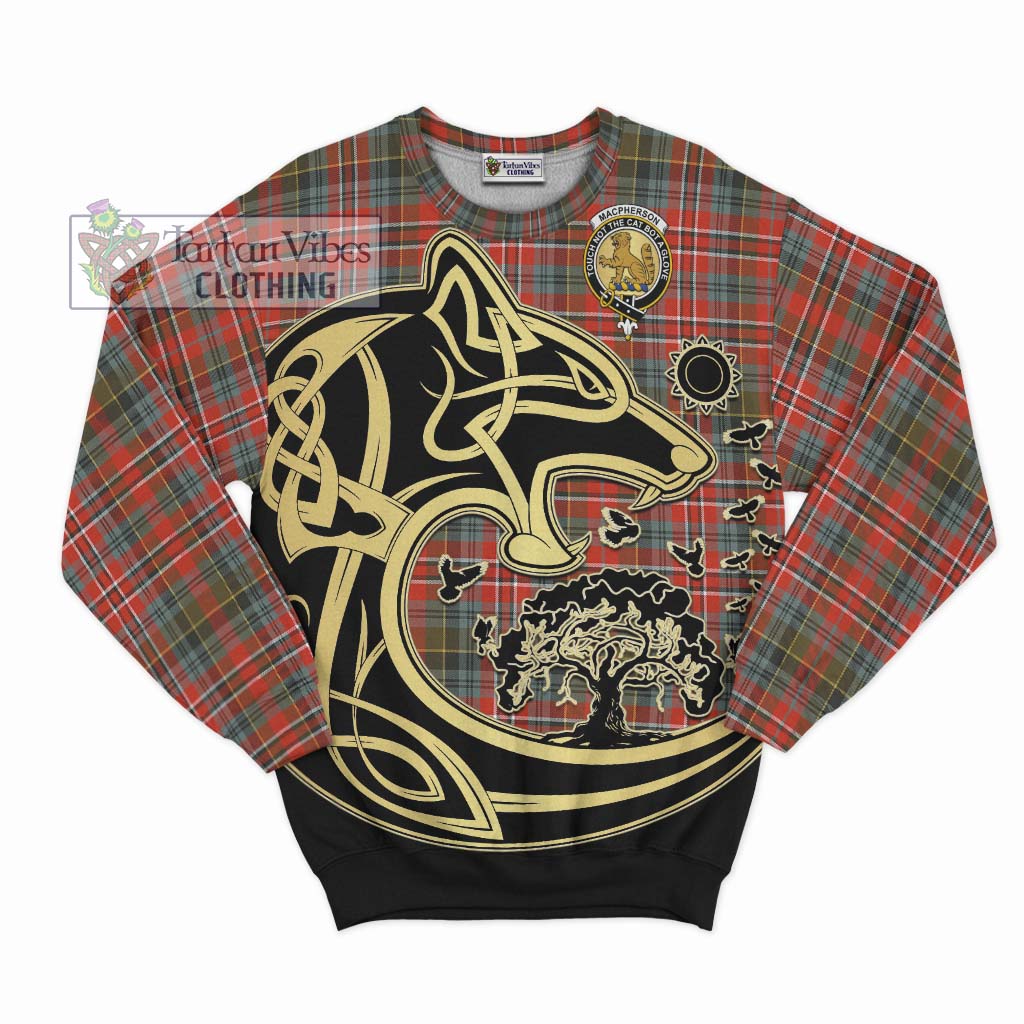 Tartan Vibes Clothing MacPherson Weathered Tartan Sweatshirt with Family Crest Celtic Wolf Style