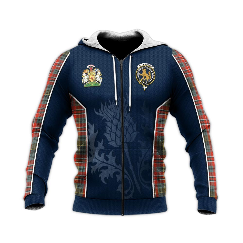 Tartan Vibes Clothing MacPherson Weathered Tartan Knitted Hoodie with Family Crest and Scottish Thistle Vibes Sport Style
