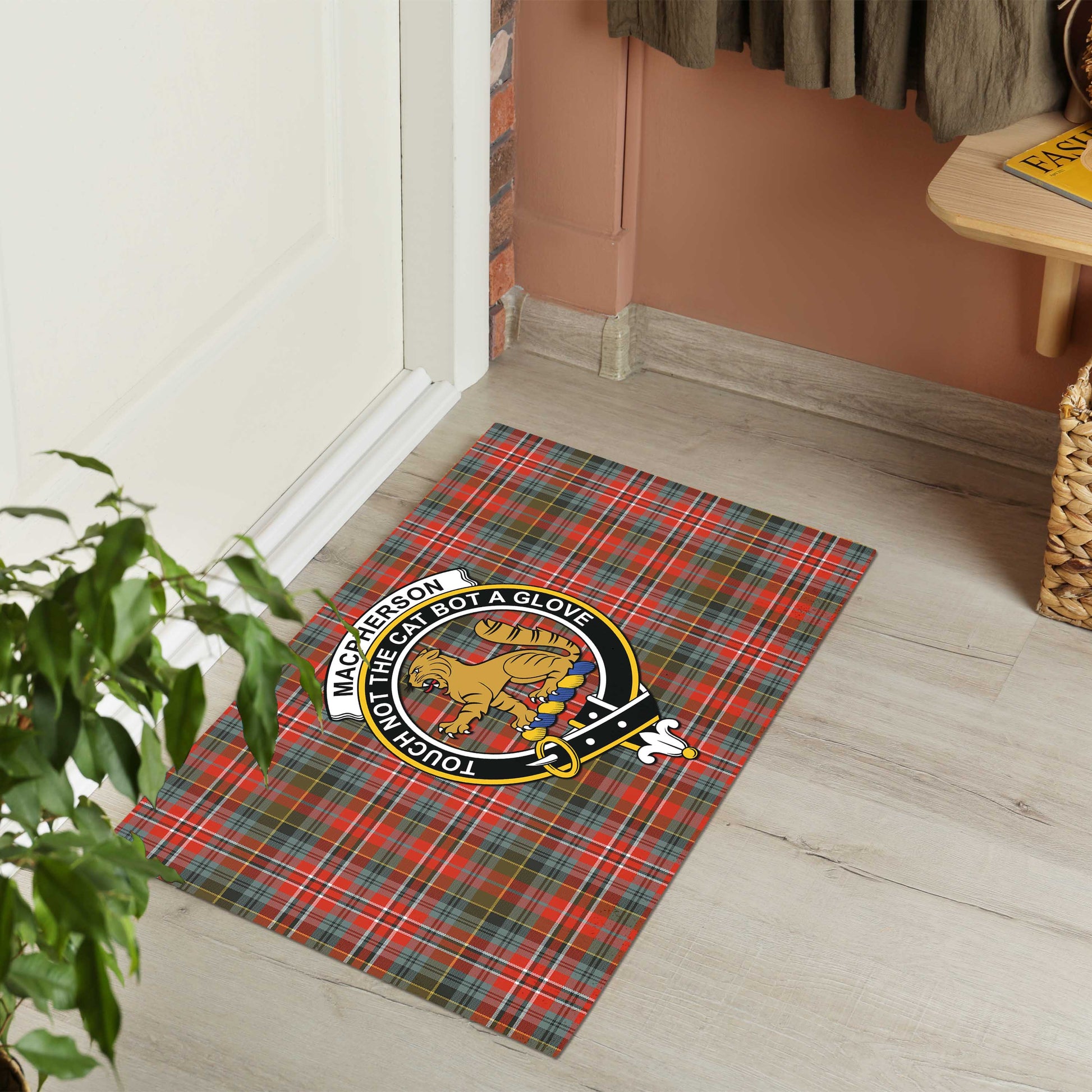 MacPherson Weathered Tartan Door Mat with Family Crest - Tartanvibesclothing