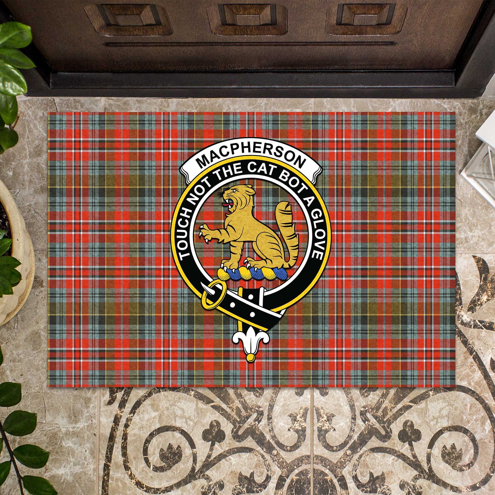 MacPherson Weathered Tartan Door Mat with Family Crest - Tartanvibesclothing