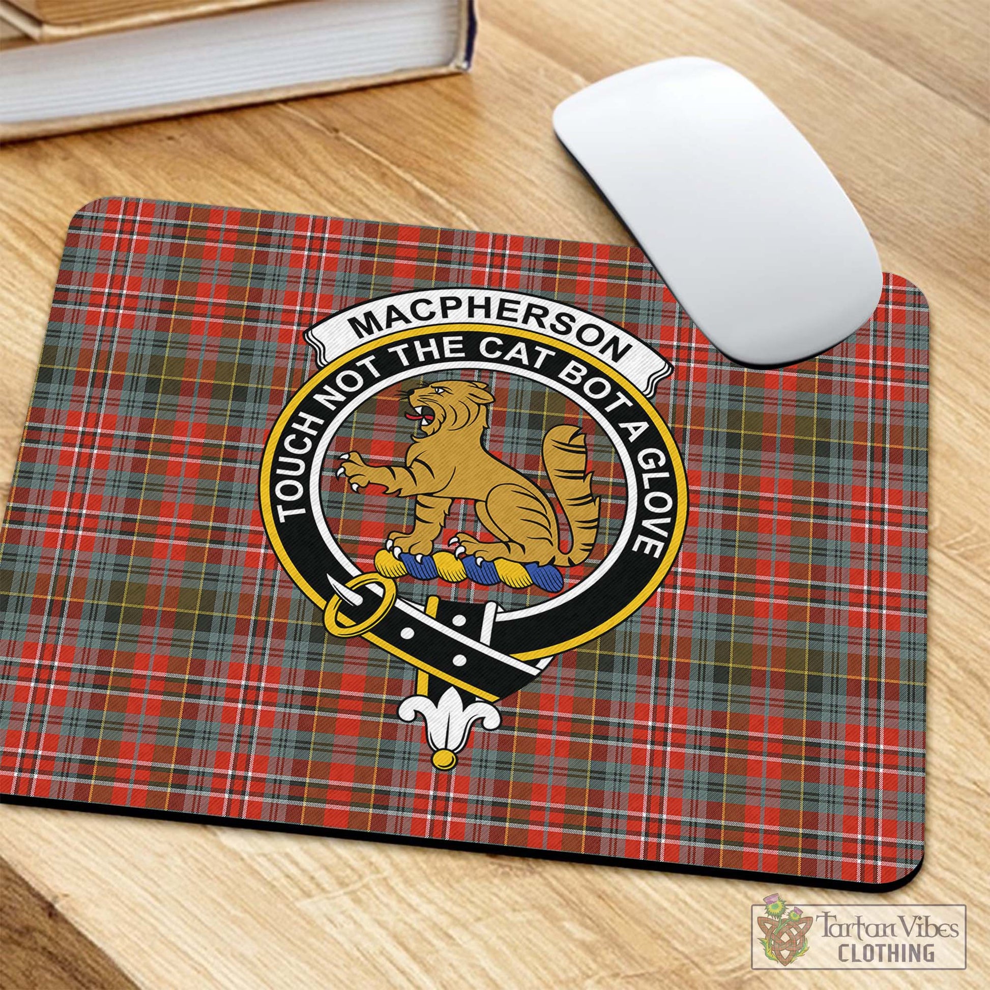 Tartan Vibes Clothing MacPherson Weathered Tartan Mouse Pad with Family Crest