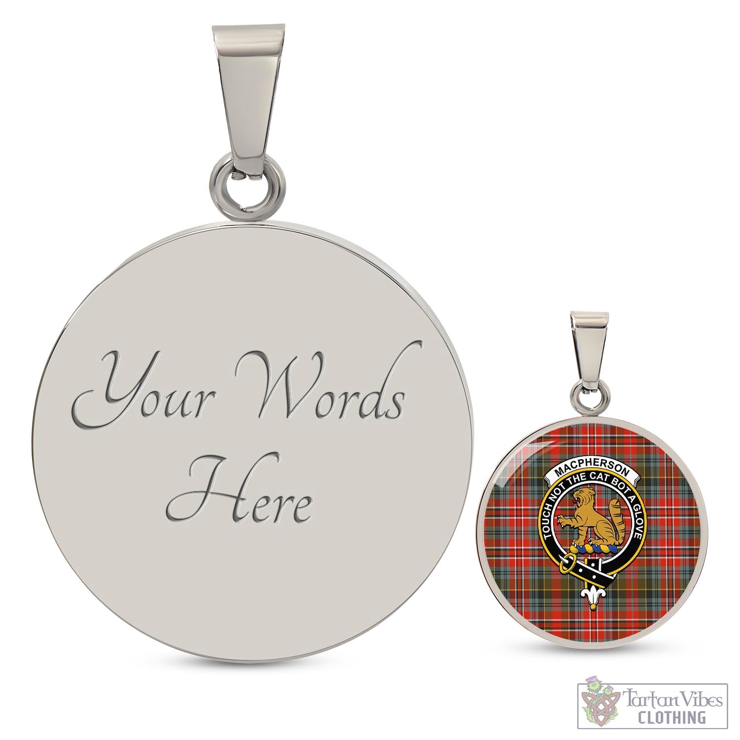 Tartan Vibes Clothing MacPherson Weathered Tartan Circle Necklace with Family Crest