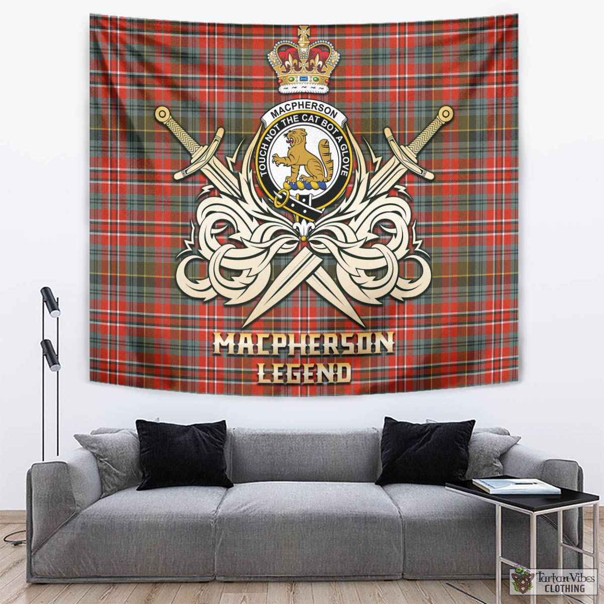 Tartan Vibes Clothing MacPherson Weathered Tartan Tapestry with Clan Crest and the Golden Sword of Courageous Legacy