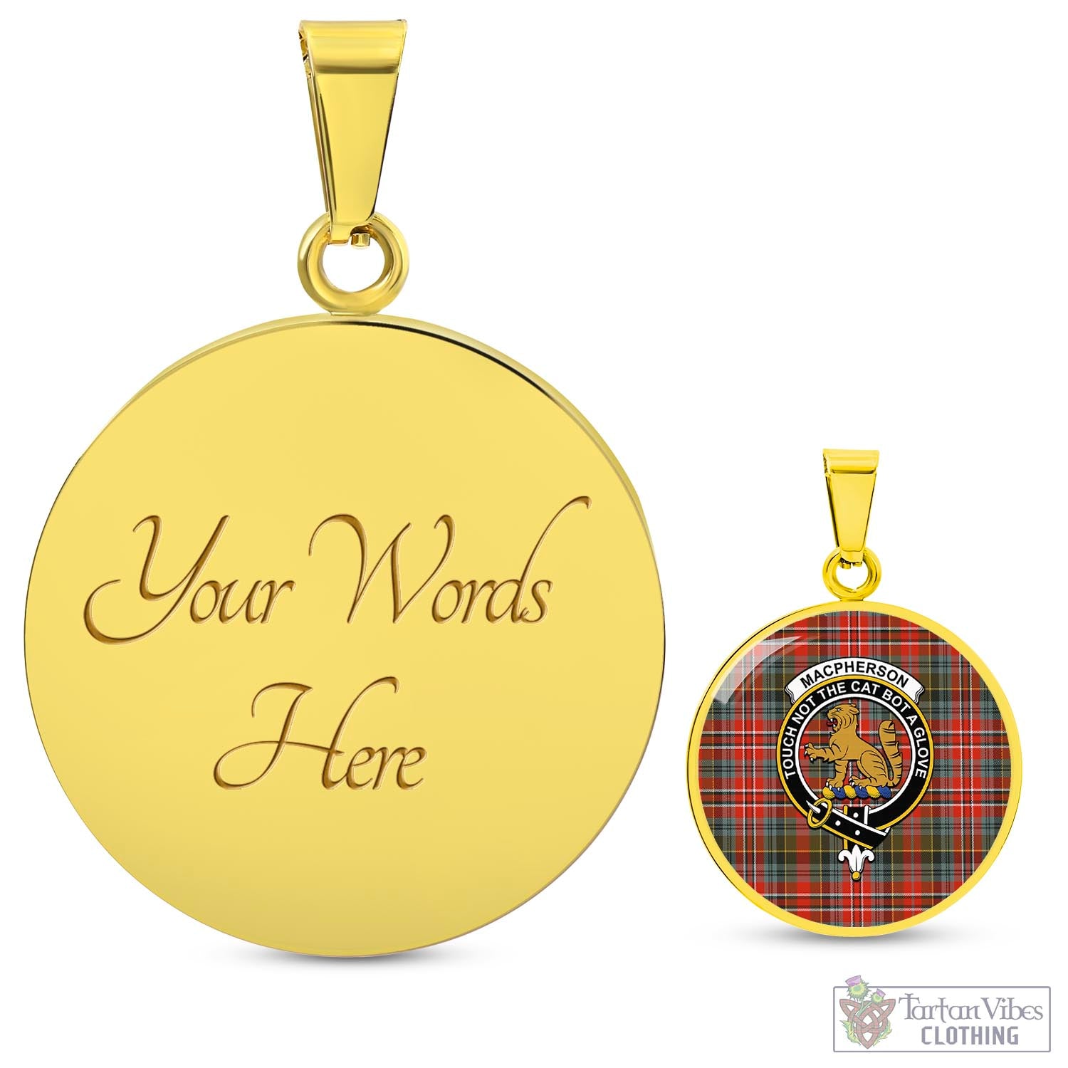 Tartan Vibes Clothing MacPherson Weathered Tartan Circle Necklace with Family Crest