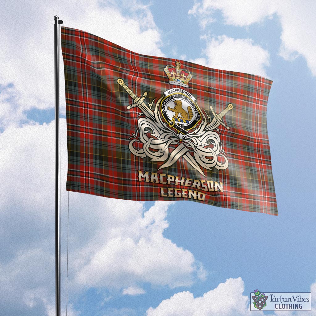 Tartan Vibes Clothing MacPherson Weathered Tartan Flag with Clan Crest and the Golden Sword of Courageous Legacy