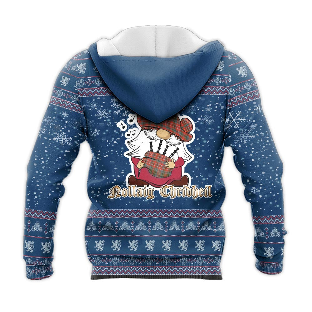 MacPherson Weathered Clan Christmas Knitted Hoodie with Funny Gnome Playing Bagpipes - Tartanvibesclothing
