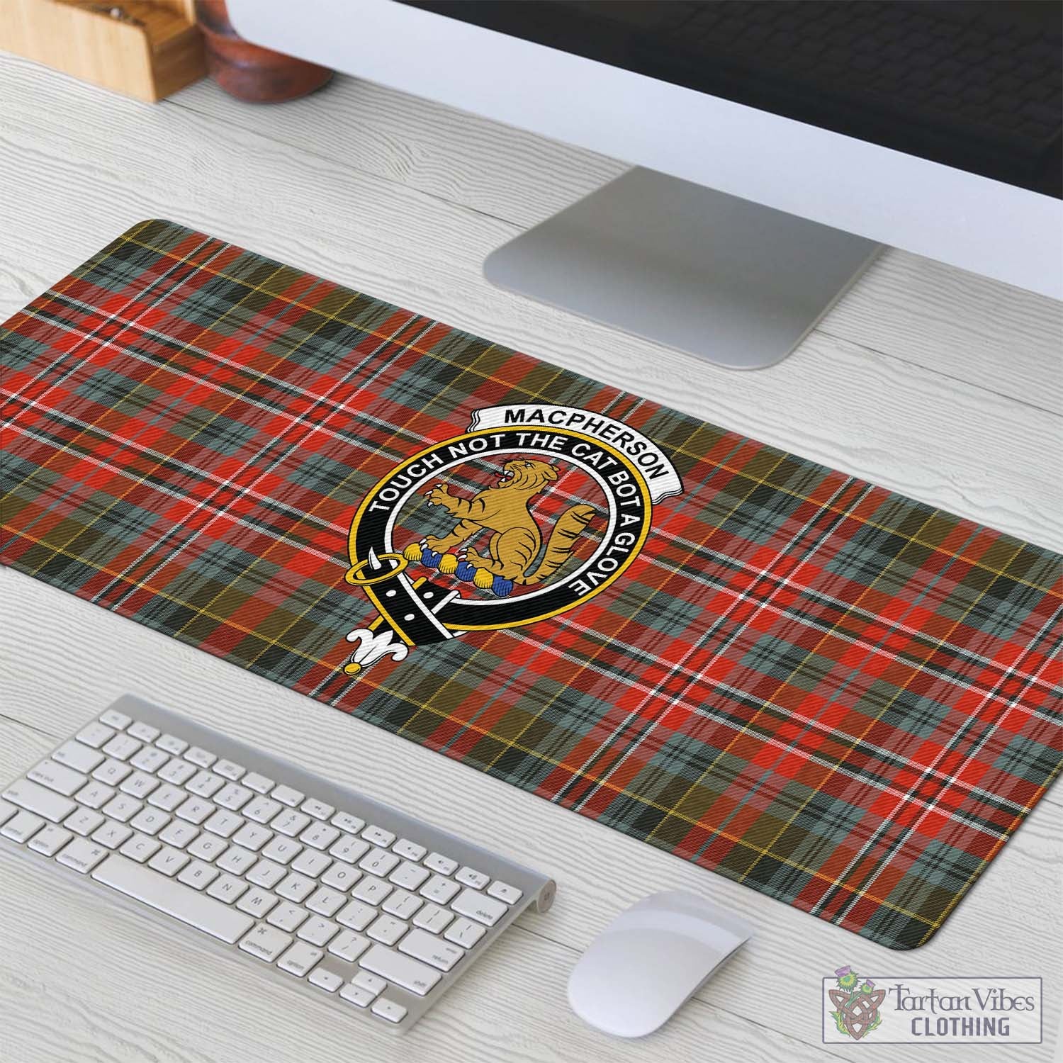 Tartan Vibes Clothing MacPherson Weathered Tartan Mouse Pad with Family Crest