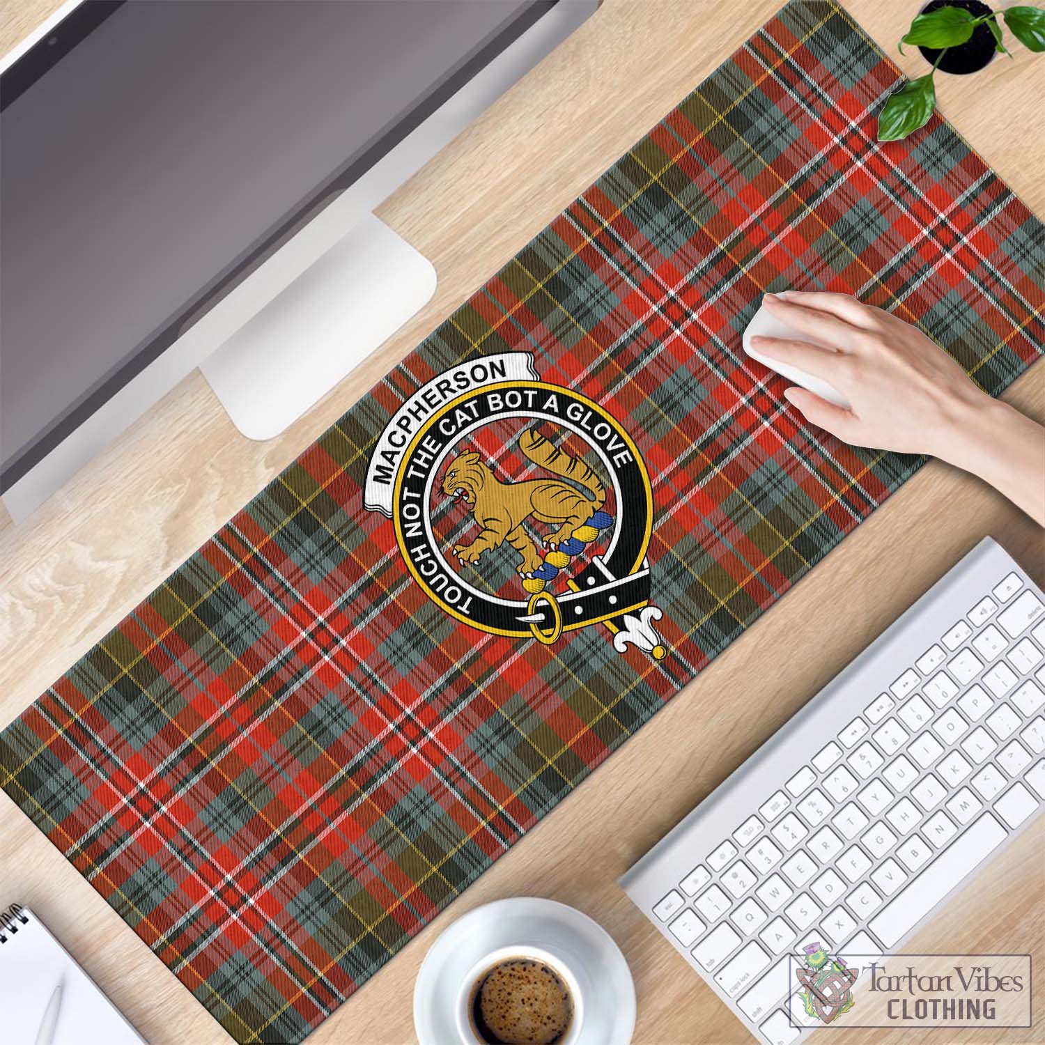 Tartan Vibes Clothing MacPherson Weathered Tartan Mouse Pad with Family Crest