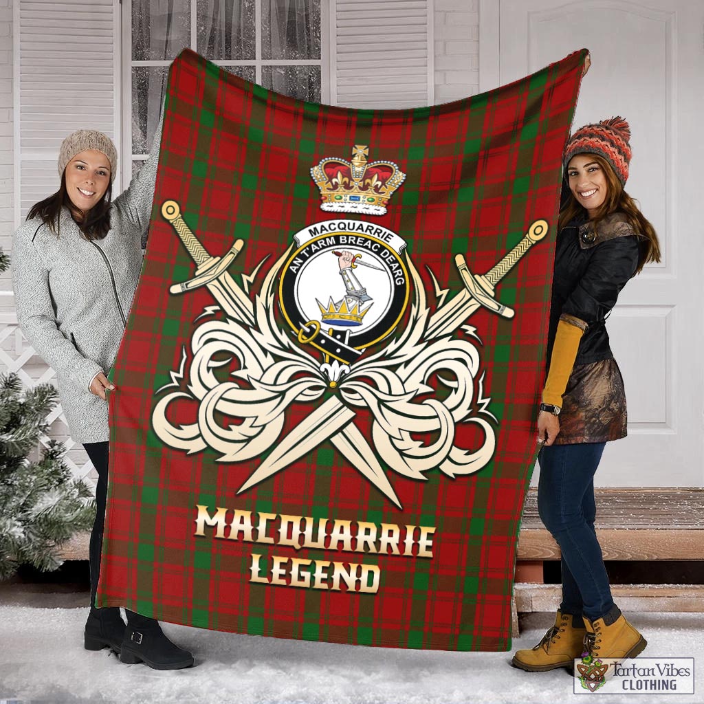 Tartan Vibes Clothing MacQuarrie Tartan Blanket with Clan Crest and the Golden Sword of Courageous Legacy