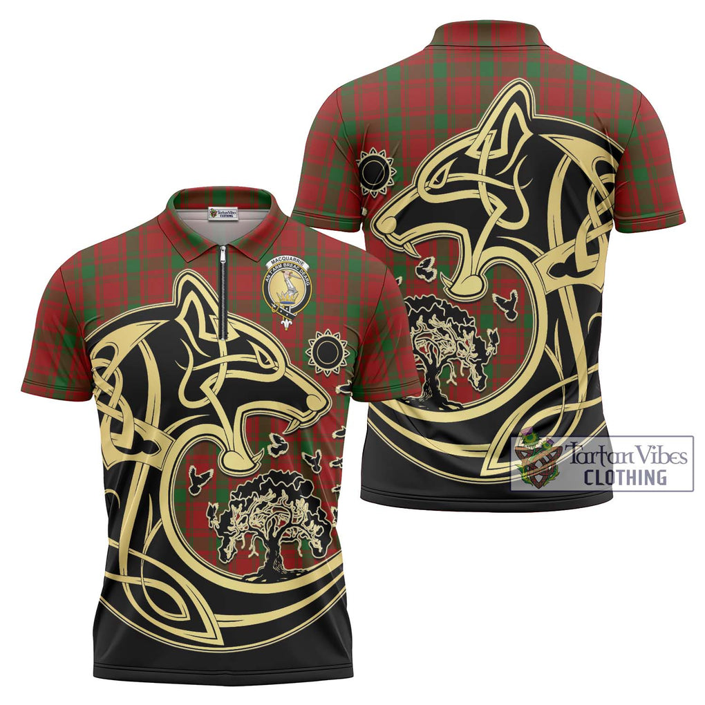 MacQuarrie (McQuarrie) Tartan Zipper Polo Shirt with Family Crest Celtic Wolf Style Unisex - Tartanvibesclothing Shop