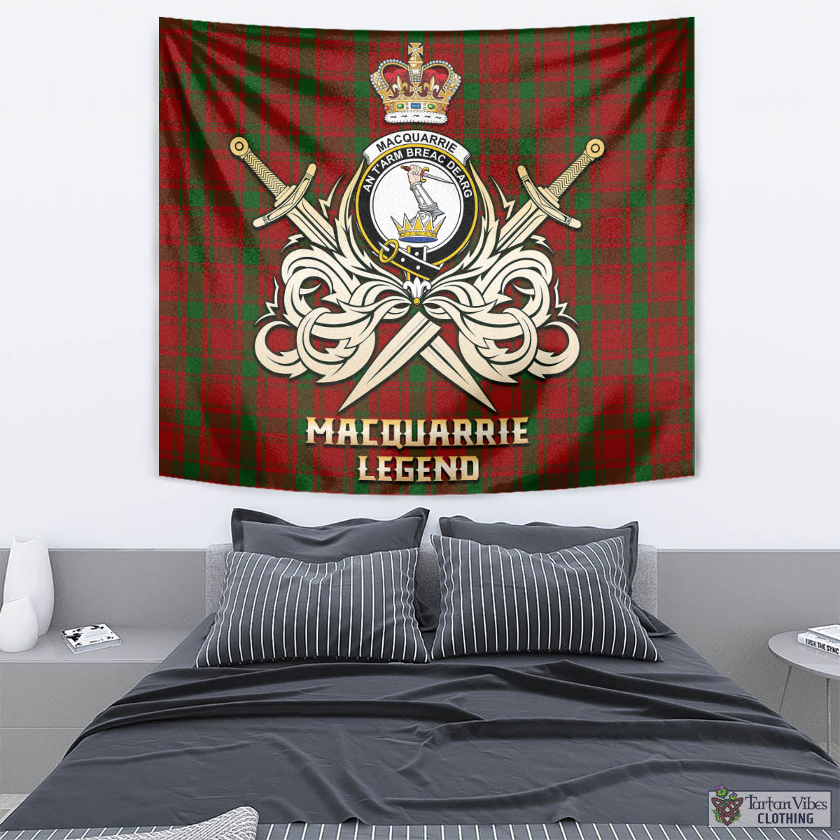 Tartan Vibes Clothing MacQuarrie Tartan Tapestry with Clan Crest and the Golden Sword of Courageous Legacy