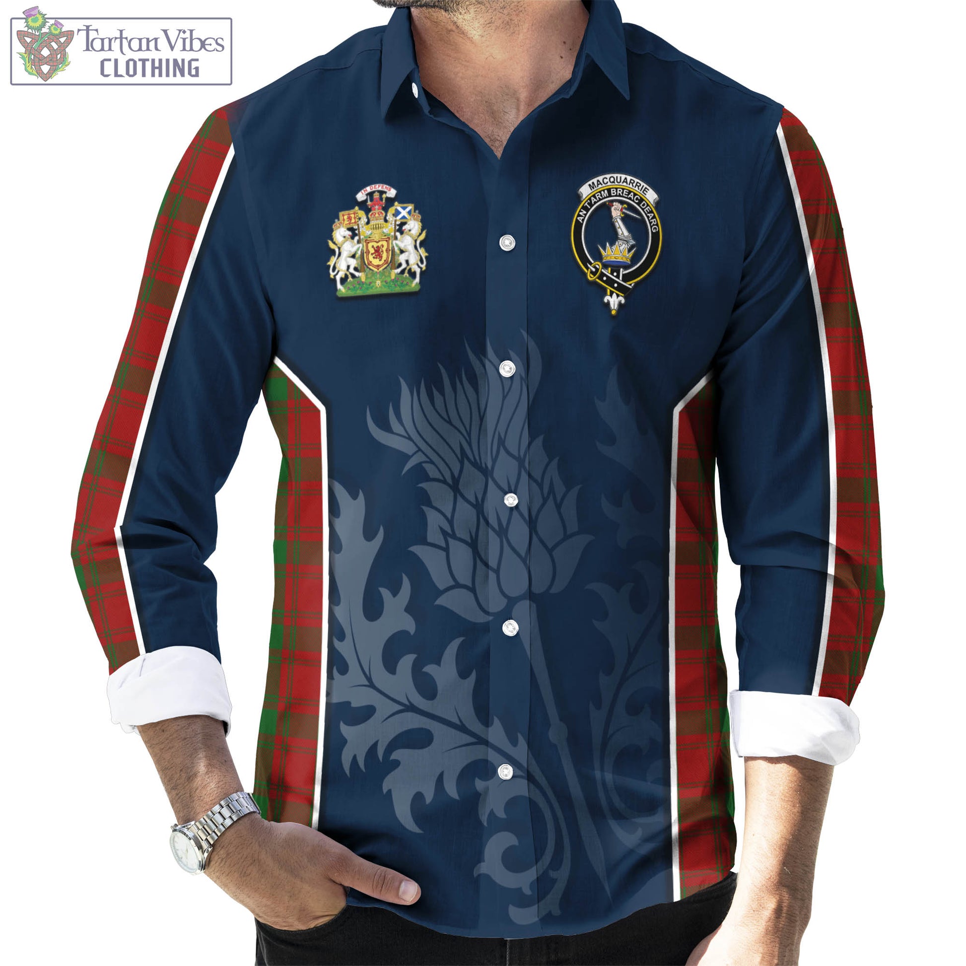 Tartan Vibes Clothing MacQuarrie Tartan Long Sleeve Button Up Shirt with Family Crest and Scottish Thistle Vibes Sport Style