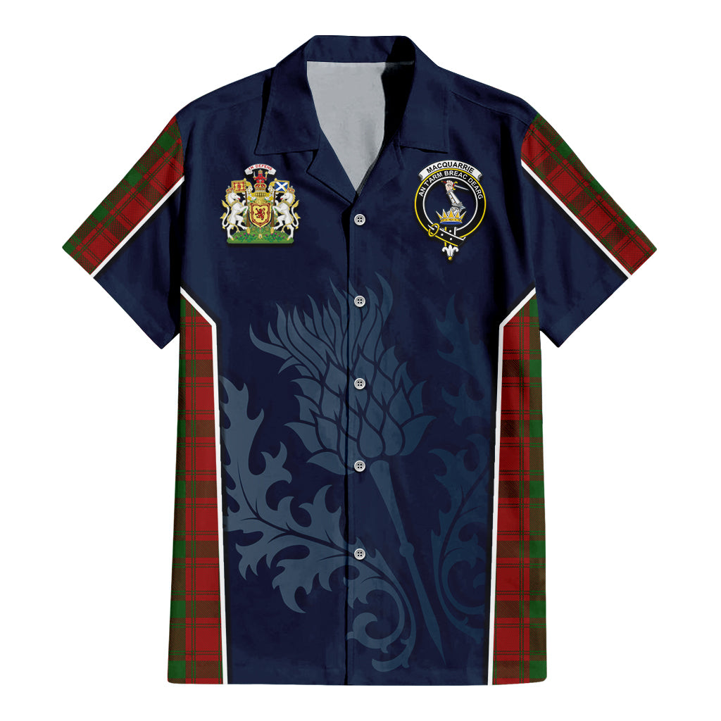 Tartan Vibes Clothing MacQuarrie Tartan Short Sleeve Button Up Shirt with Family Crest and Scottish Thistle Vibes Sport Style