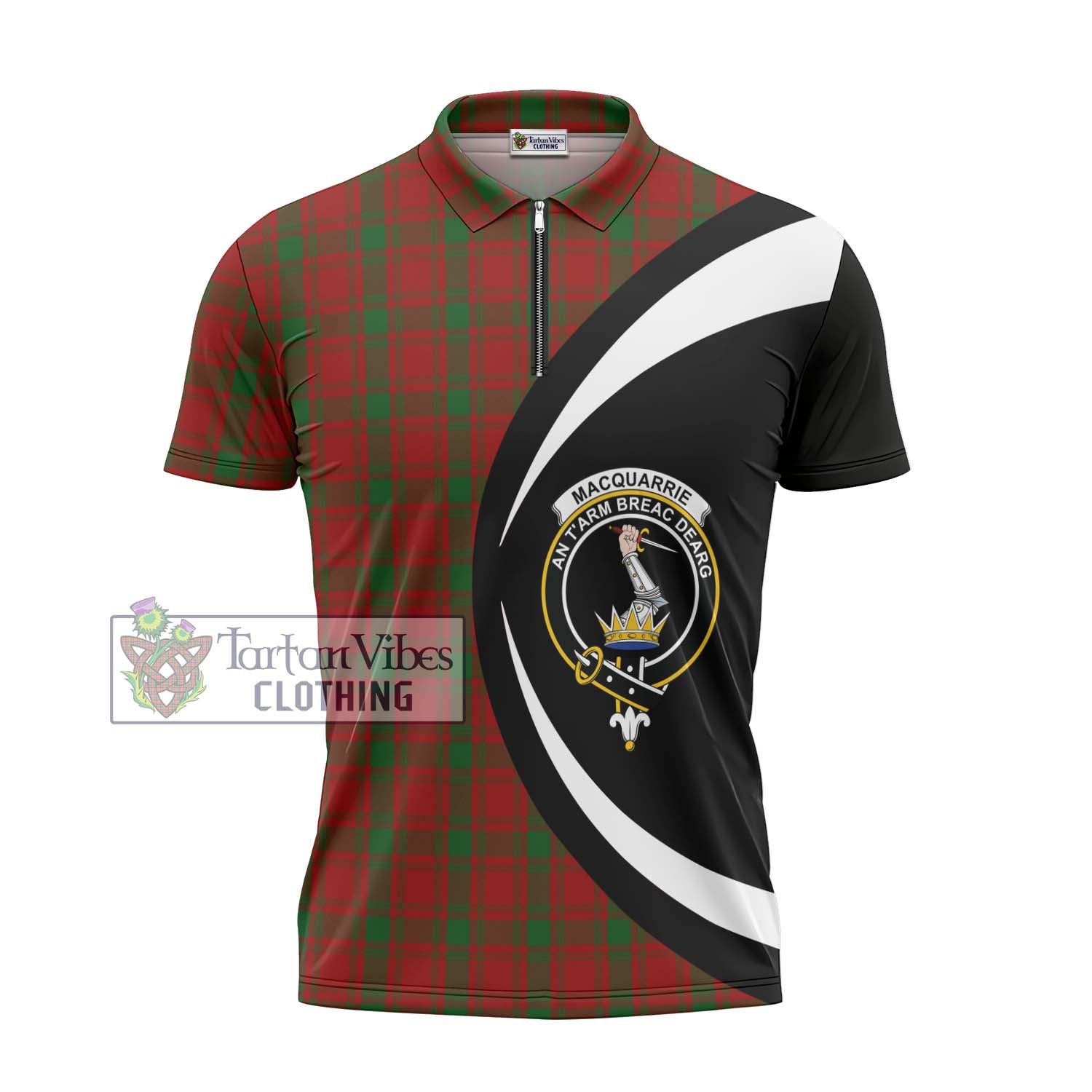 Tartan Vibes Clothing MacQuarrie Tartan Zipper Polo Shirt with Family Crest Circle Style