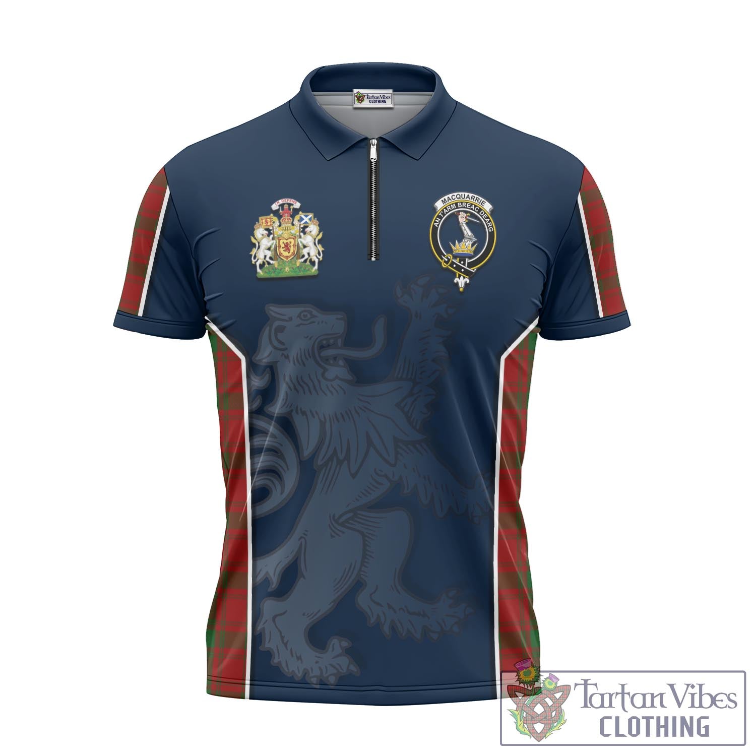 Tartan Vibes Clothing MacQuarrie Tartan Zipper Polo Shirt with Family Crest and Lion Rampant Vibes Sport Style