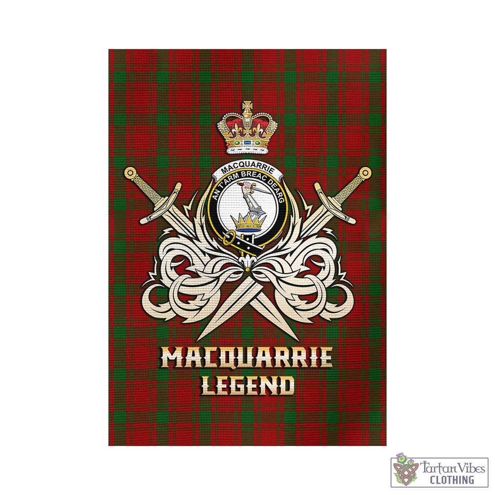 Tartan Vibes Clothing MacQuarrie Tartan Flag with Clan Crest and the Golden Sword of Courageous Legacy