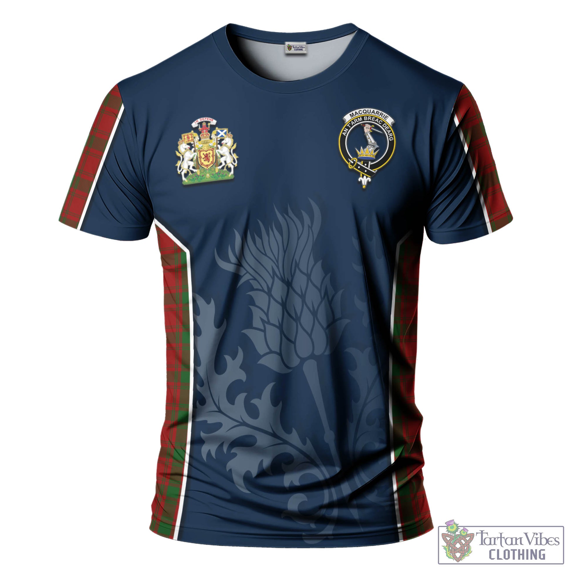 Tartan Vibes Clothing MacQuarrie Tartan T-Shirt with Family Crest and Scottish Thistle Vibes Sport Style