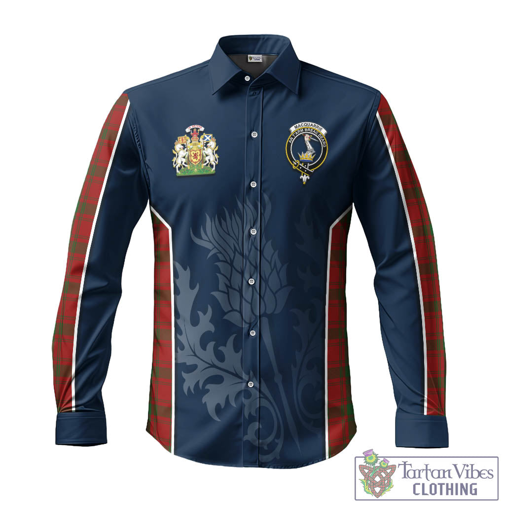 Tartan Vibes Clothing MacQuarrie Tartan Long Sleeve Button Up Shirt with Family Crest and Scottish Thistle Vibes Sport Style