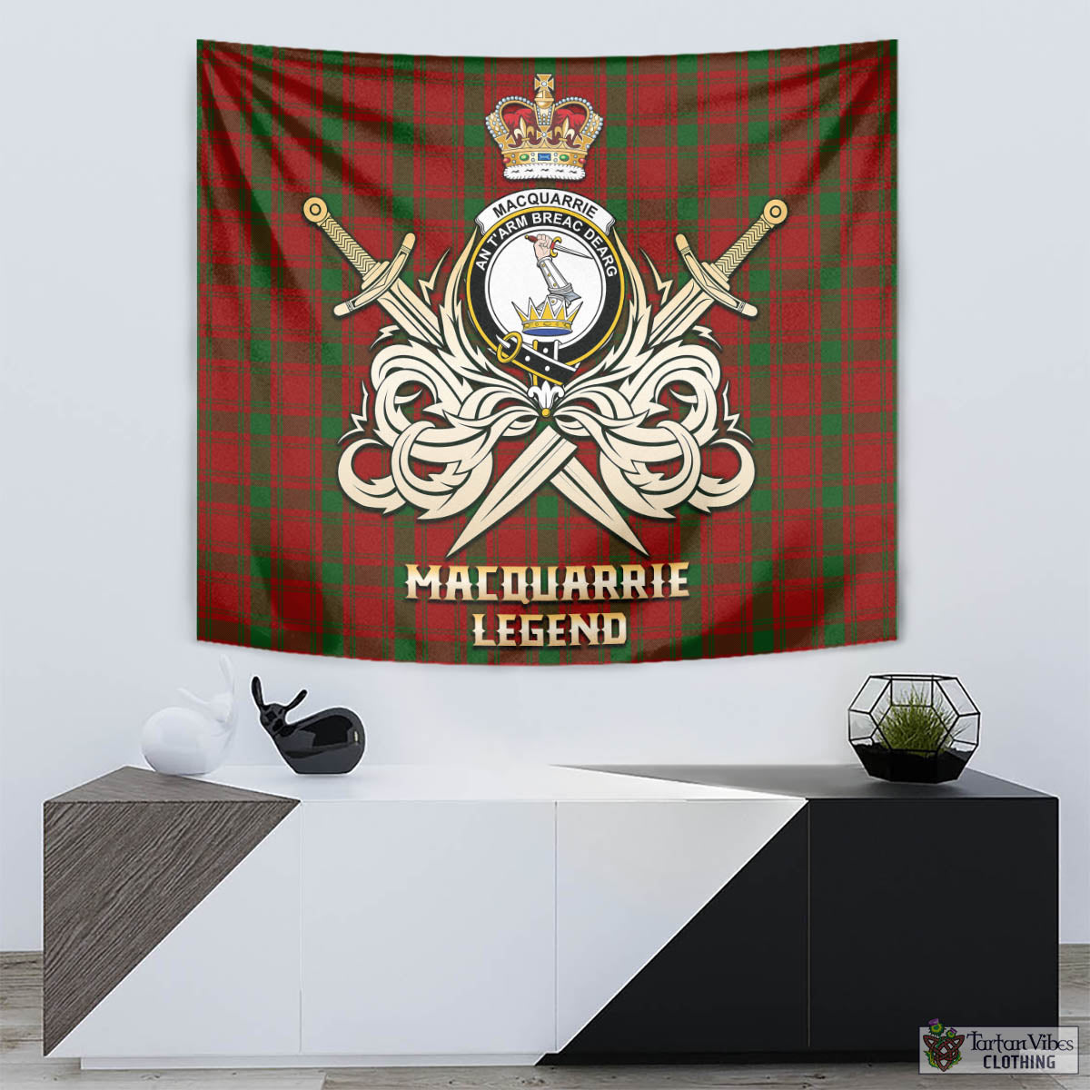 Tartan Vibes Clothing MacQuarrie Tartan Tapestry with Clan Crest and the Golden Sword of Courageous Legacy