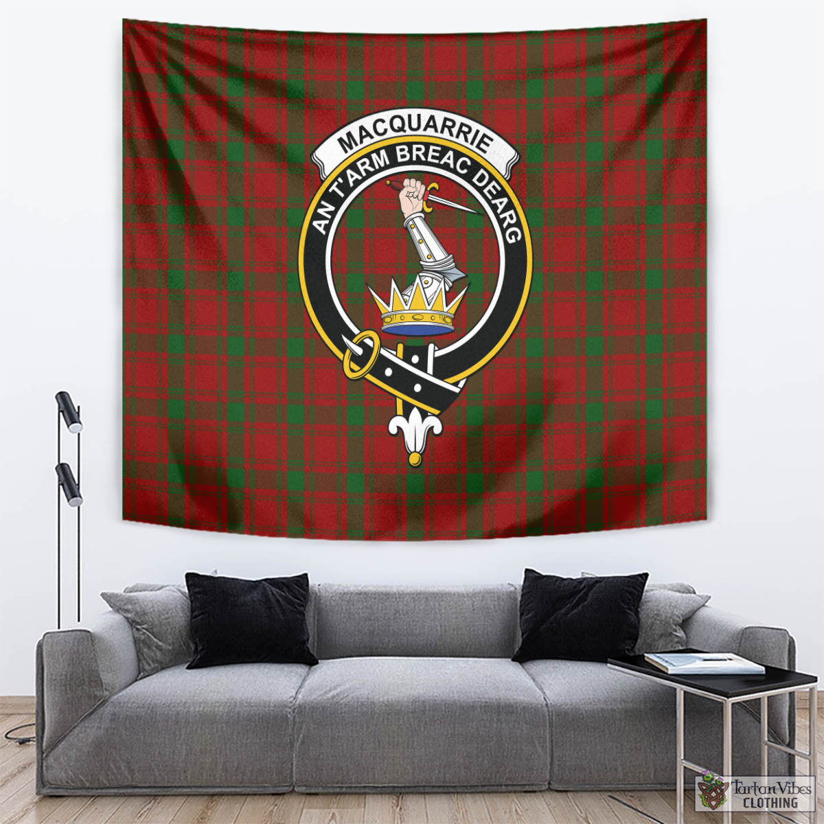 Tartan Vibes Clothing MacQuarrie Tartan Tapestry Wall Hanging and Home Decor for Room with Family Crest