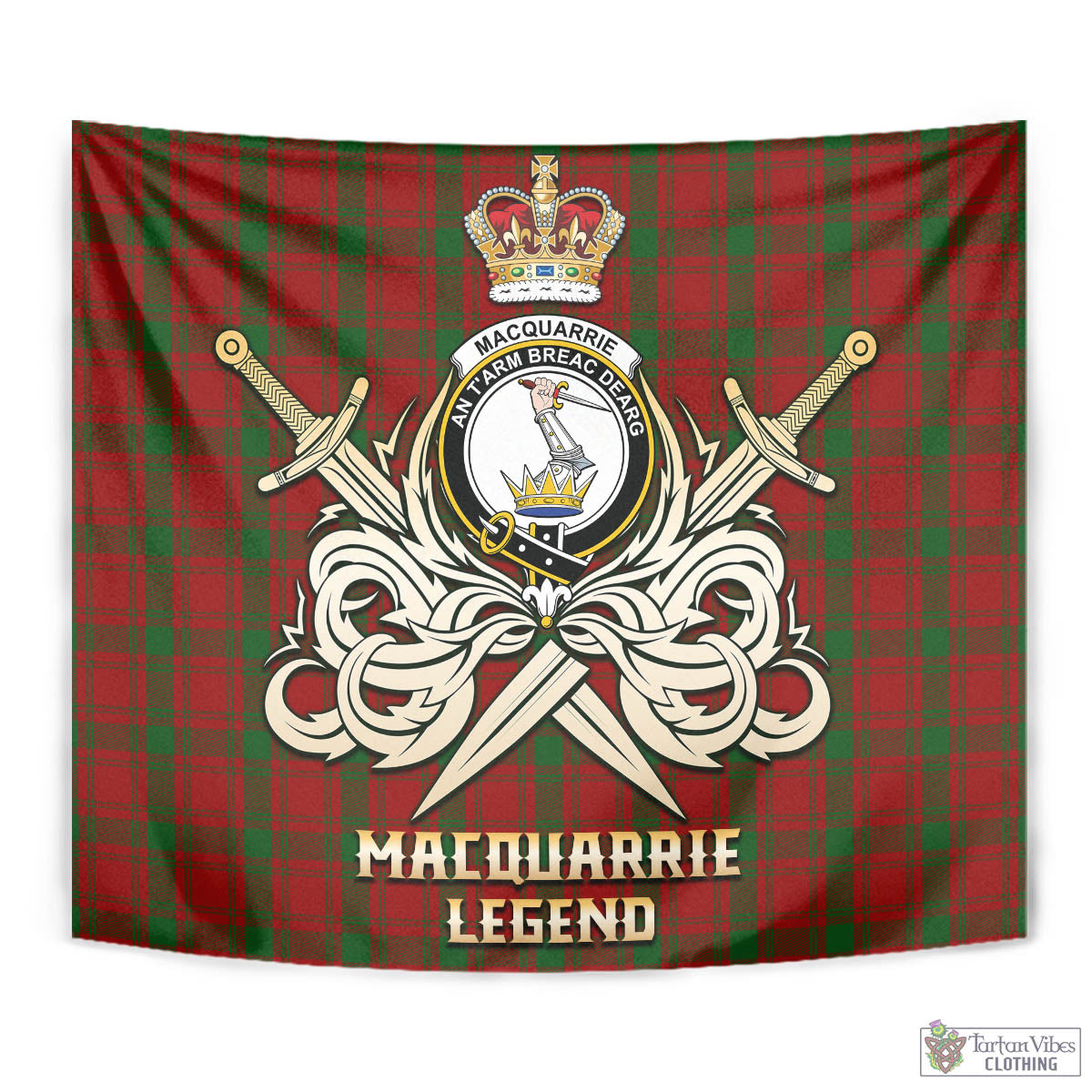 Tartan Vibes Clothing MacQuarrie Tartan Tapestry with Clan Crest and the Golden Sword of Courageous Legacy