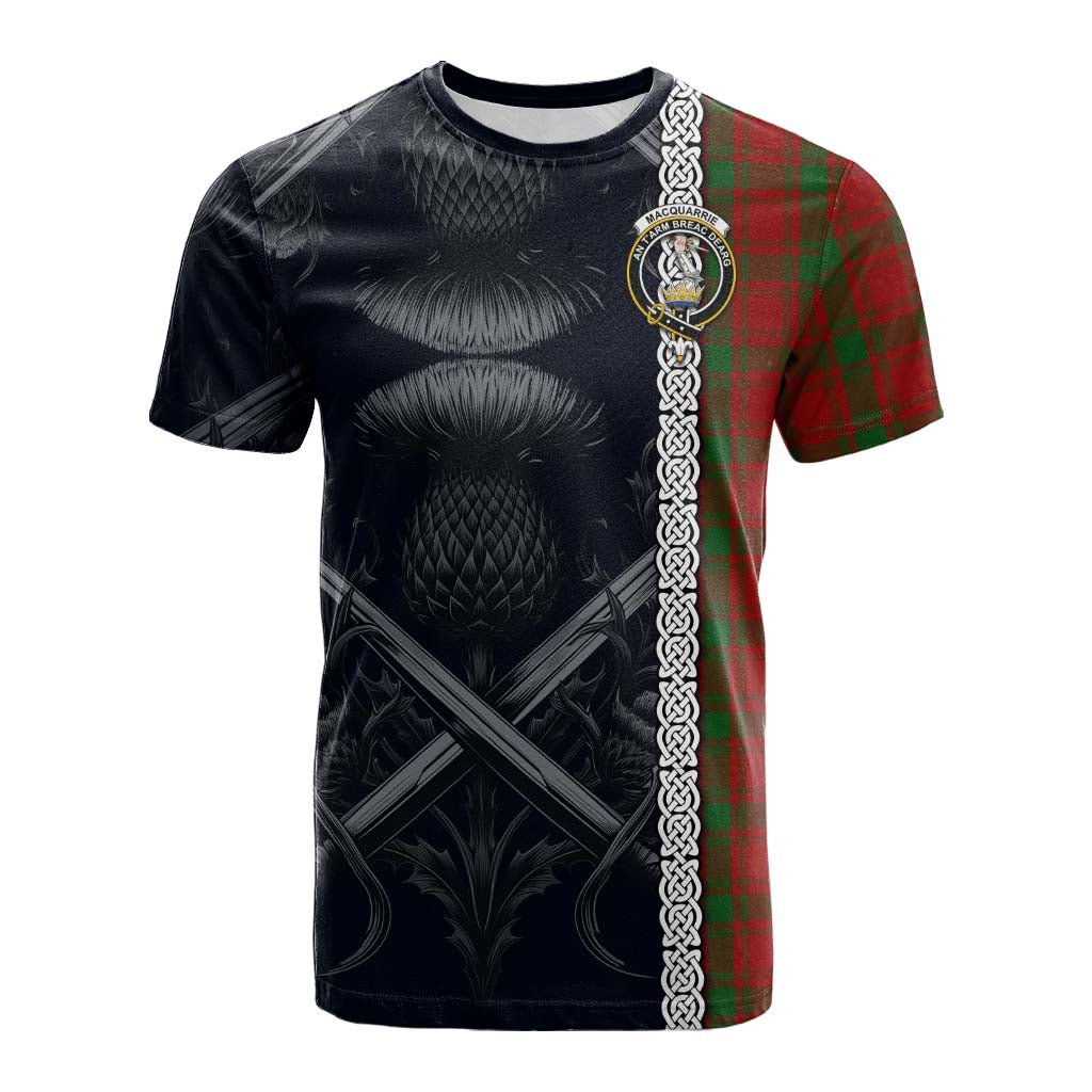 Tartan Vibes Clothing MacQuarrie (McQuarrie) Tartan Cotton T-shirt with Family Crest Cross Sword Thistle Celtic Vibes