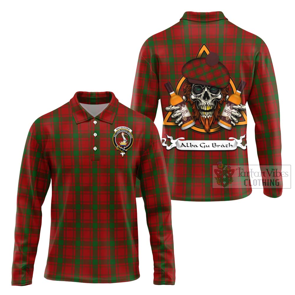 Tartan Vibes Clothing MacQuarrie (McQuarrie) Tartan Long Sleeve Polo Shirt with Family Crest and Bearded Skull Holding Bottles of Whiskey