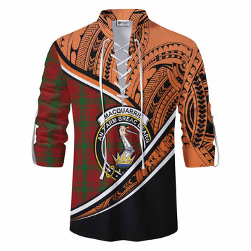 MacQuarrie (McQuarrie) Crest Tartan Ghillie Kilt Shirt with Polynesian Vibes Style - Orange Version