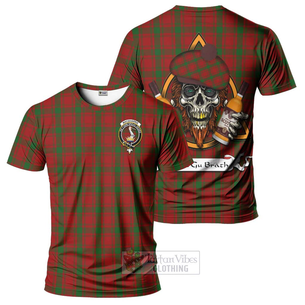 Tartan Vibes Clothing MacQuarrie (McQuarrie) Tartan T-Shirt with Family Crest and Bearded Skull Holding Bottles of Whiskey