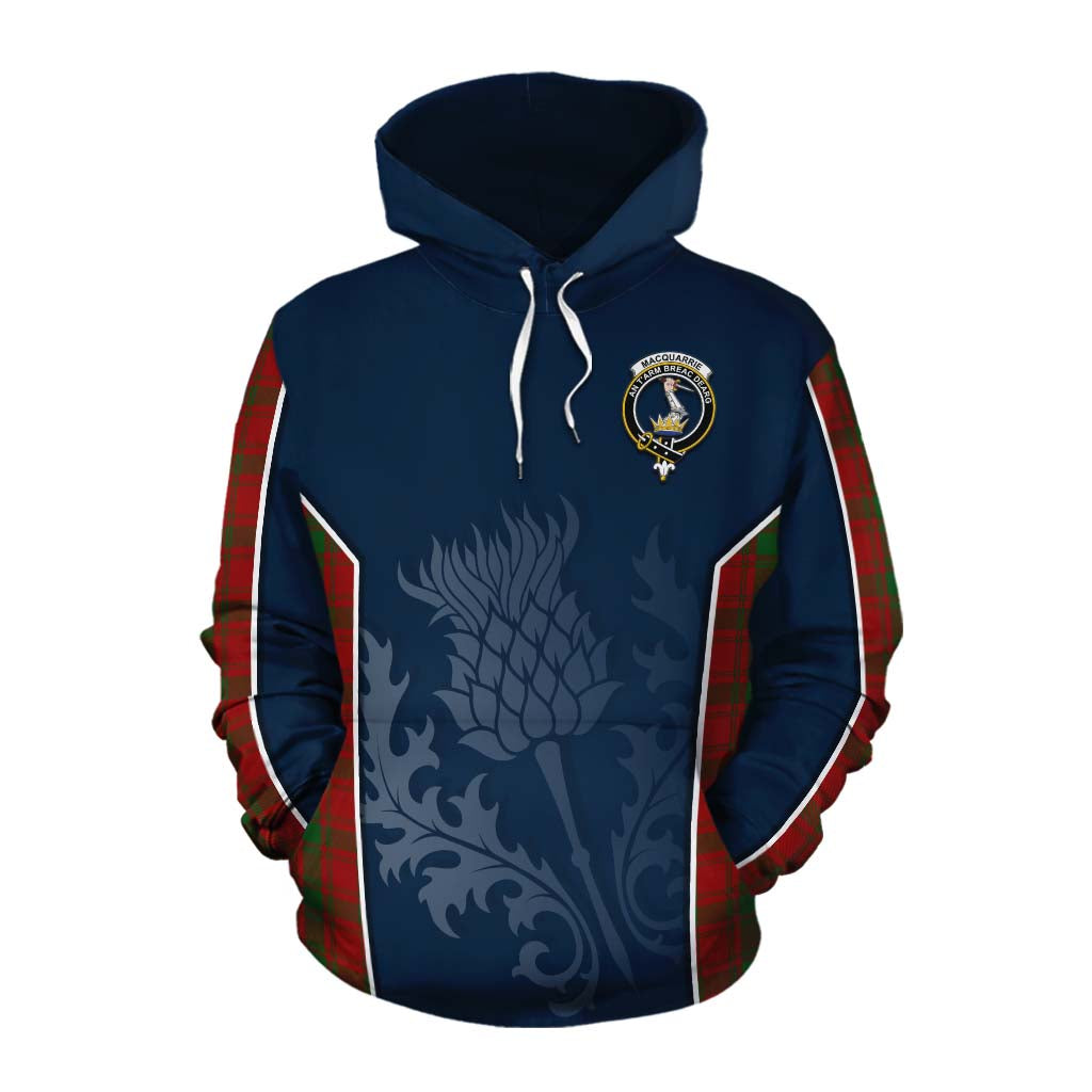 Tartan Vibes Clothing MacQuarrie (McQuarrie) Tartan Cotton Hoodie with Family Crest and Scottish Thistle Vibes Sport Style