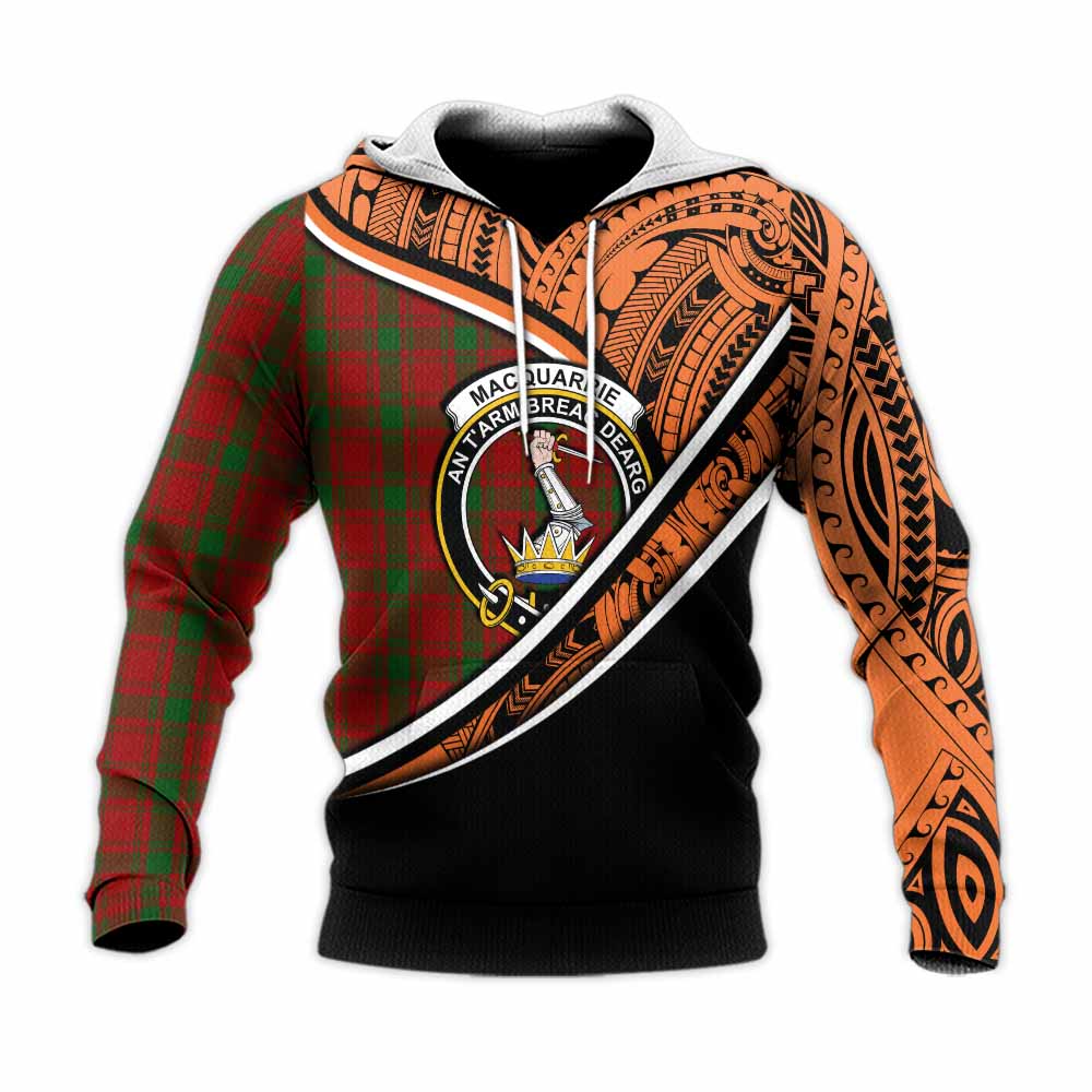 Tartan Vibes Clothing MacQuarrie (McQuarrie) Crest Tartan Knitted Hoodie with Maori Tattoo Style - Orange Version