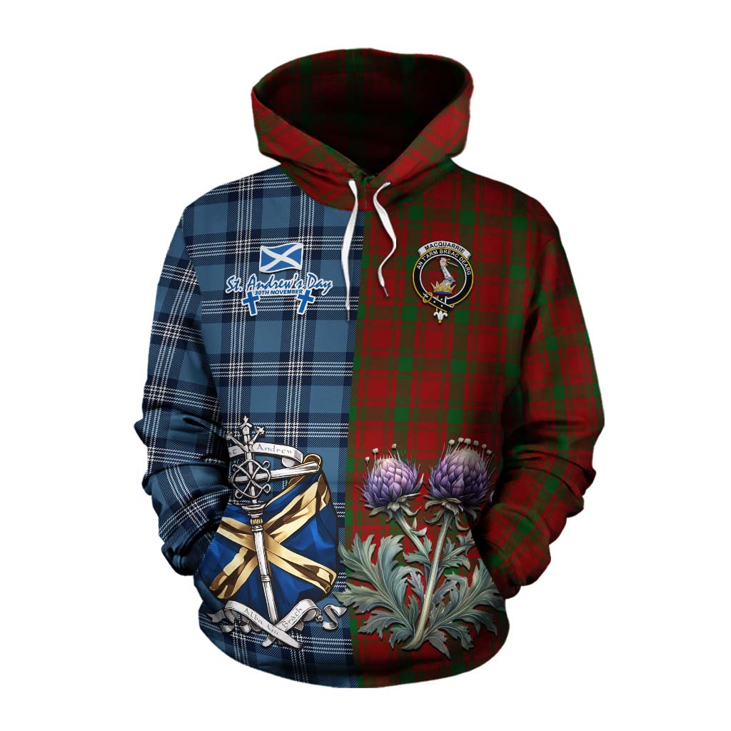 Tartan Vibes Clothing MacQuarrie (McQuarrie) Tartan Cotton Hoodie Happy St. Andrew's Day Half Tartan Style