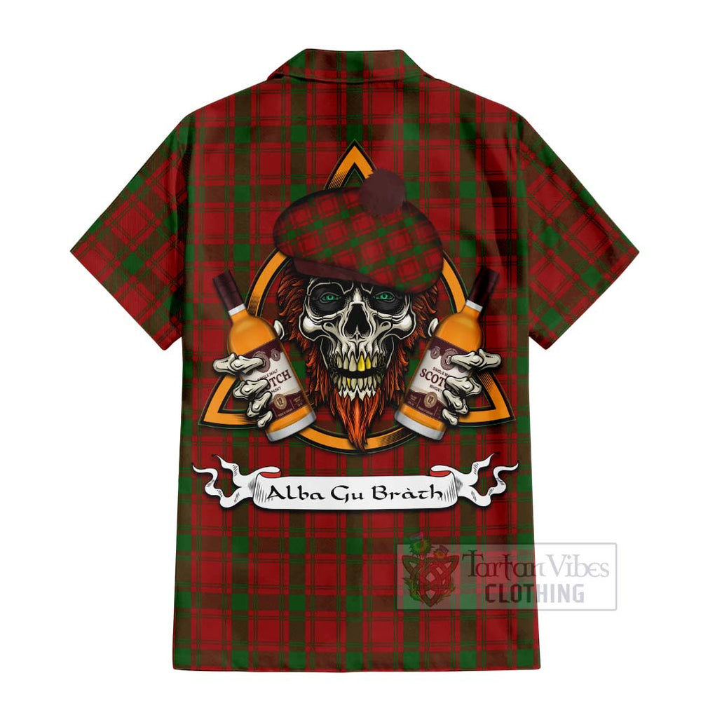 Tartan Vibes Clothing MacQuarrie (McQuarrie) Tartan Short Sleeve Button Shirt with Family Crest and Bearded Skull Holding Bottles of Whiskey